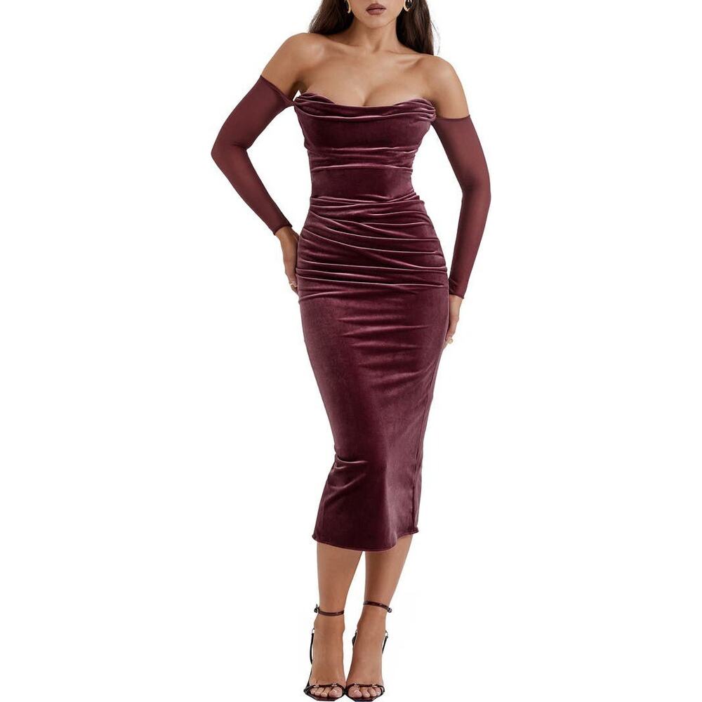 House of CB Leora Off the Shoulder Long Sleeve Stretch Velvet Maxi Dress